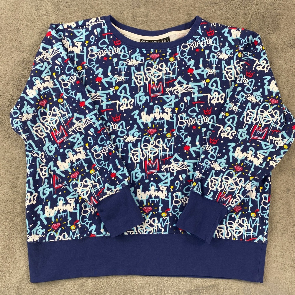 Attitudes by Renee Sweatshirt Women L Blue Graffiti Print Long Sleeve Crew Artsy